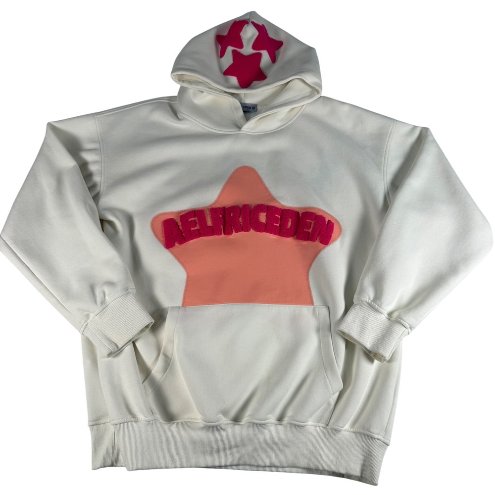Aelfric Eden Star Hoodie Men Size M White Pink Chenille Patch Streetwear Y2K 790